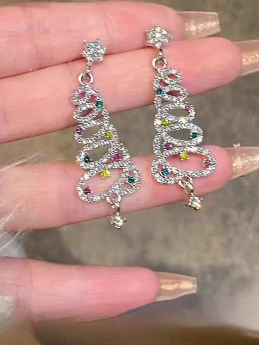 Sparkly Rhinestone Christmas Tree Drop Earrings